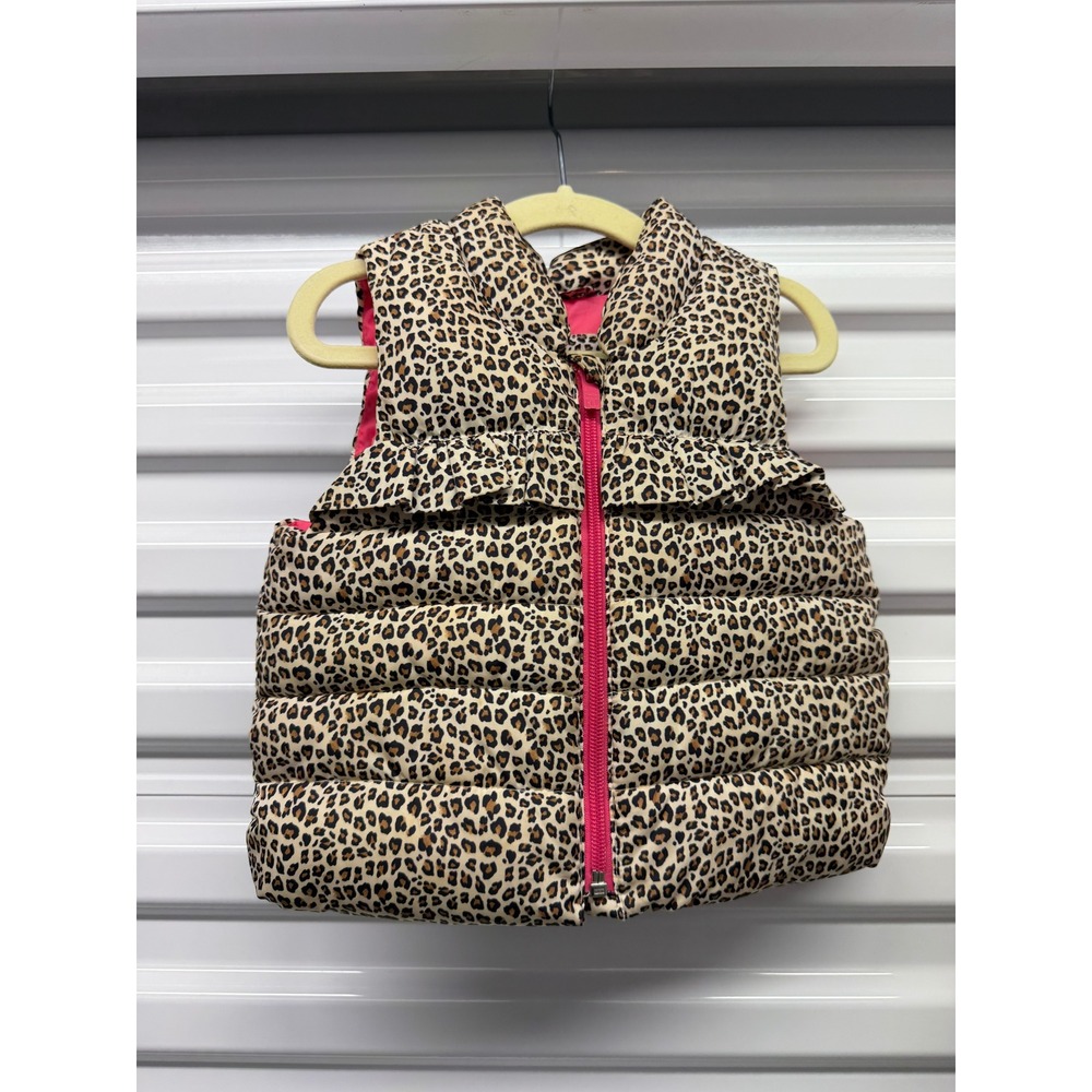 Baby Gap Leopard Print Puffer Vest Pink Zip Ruffle Animal Print 12-18 Months